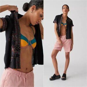 UO Exclusive Hideaway Embroidered Boho Beach Button-Down Shirt